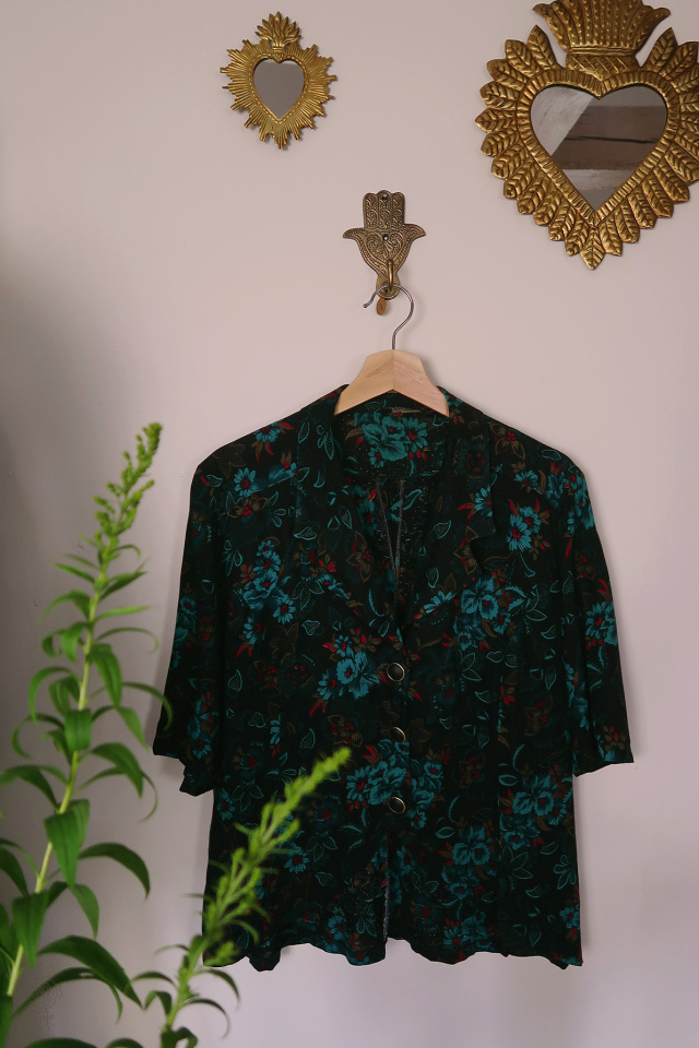 Black Turquoise Floral Vintage Top | L