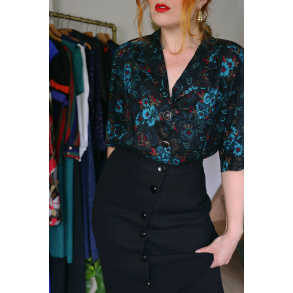 Black Turquoise Floral Vintage Top | L