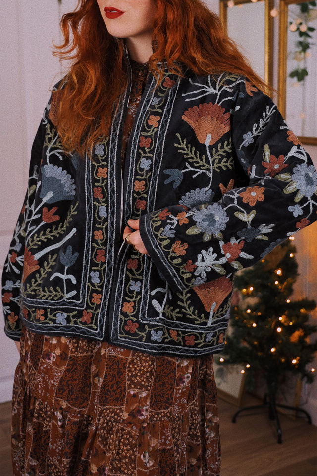 Black Velvet Autumn Floral Jacket | S-L