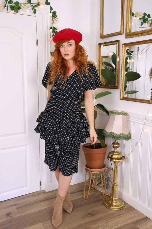 Black White Dotted 80s Dress | M