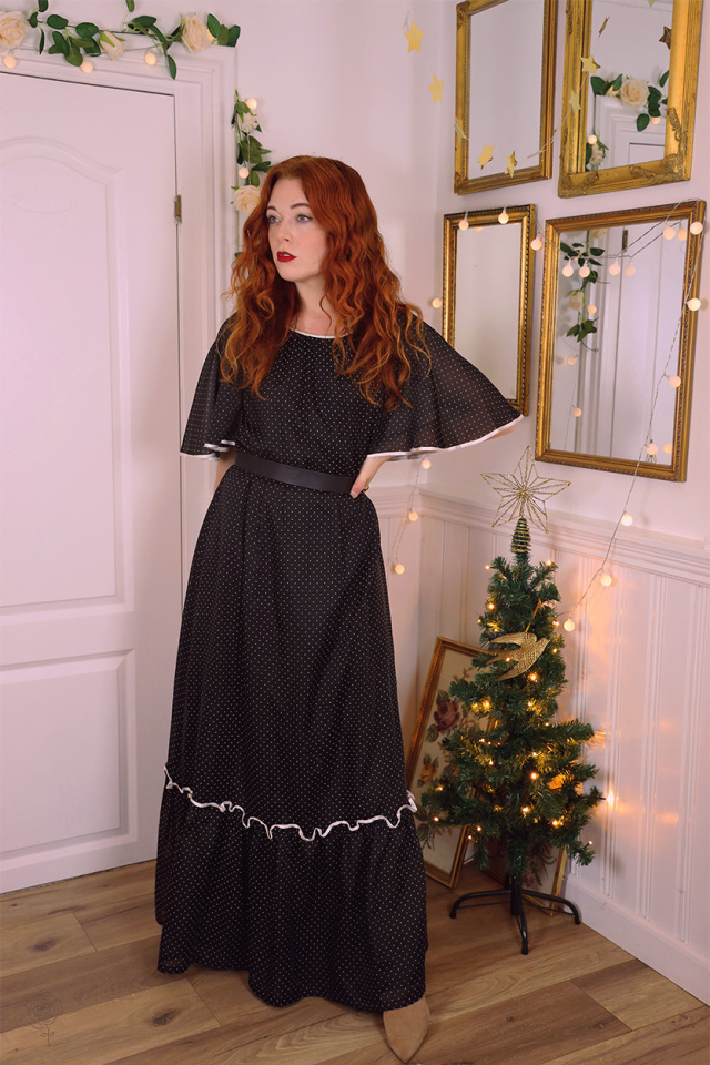 Black White Dotted 70's Vintage Gown | S