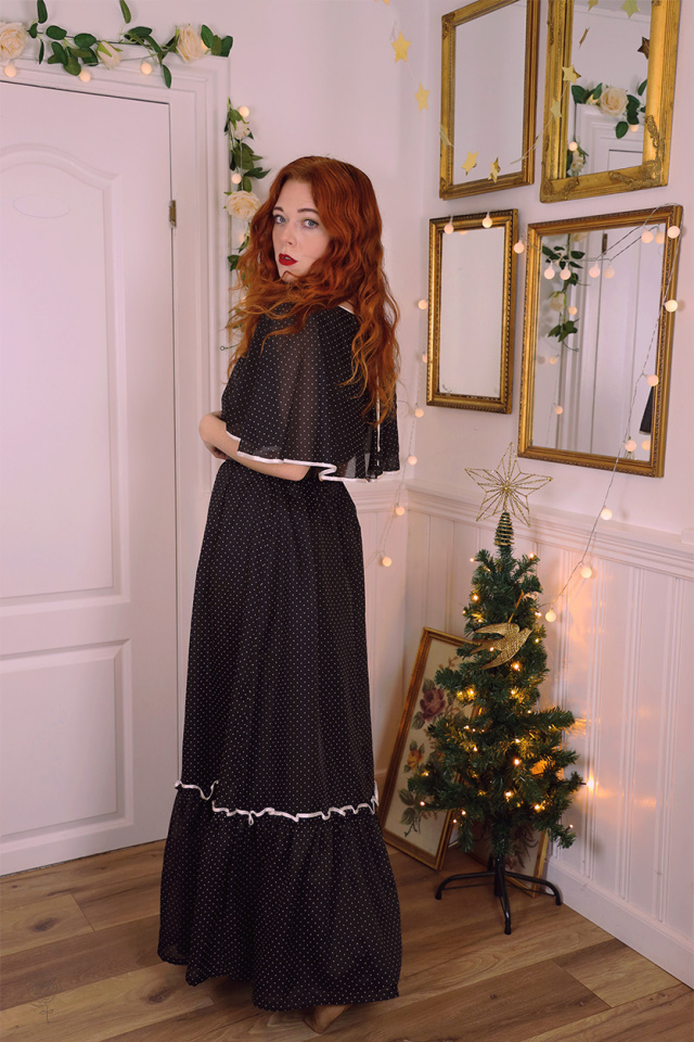 Black White Dotted 70's Vintage Gown | S