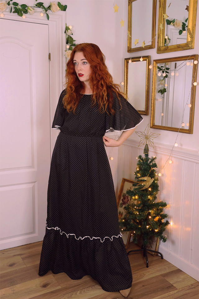 Black White Dotted 70's Vintage Gown | S