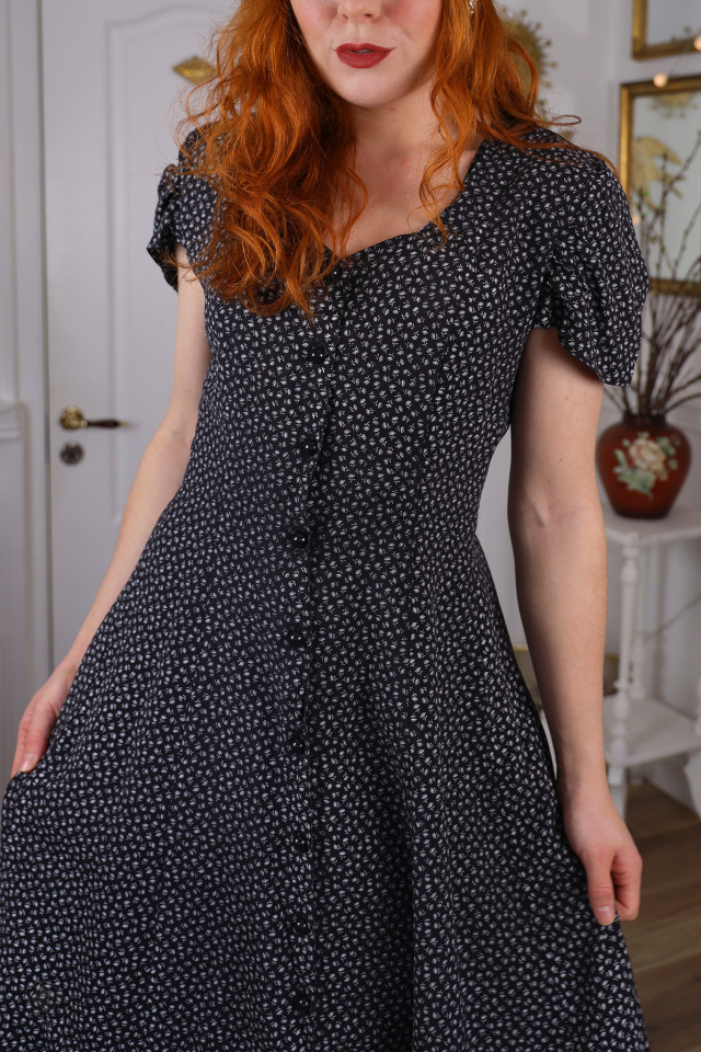 Black White Floral 90's Vintage Dress | S