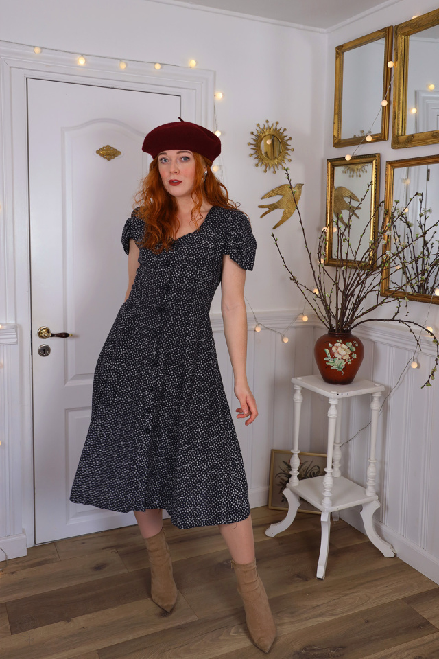 Black White Floral 90's Vintage Dress | S