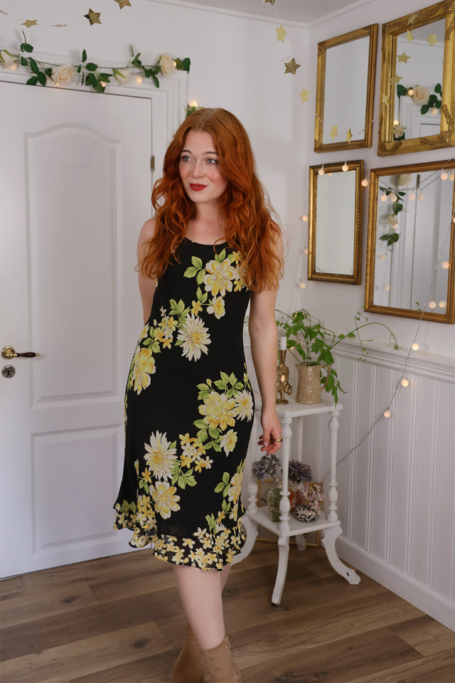 Black Yellow Floral 90's Mini Dress | S/M