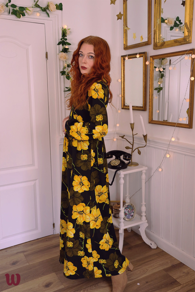 Black Yellow Floral Maxi Dress | S
