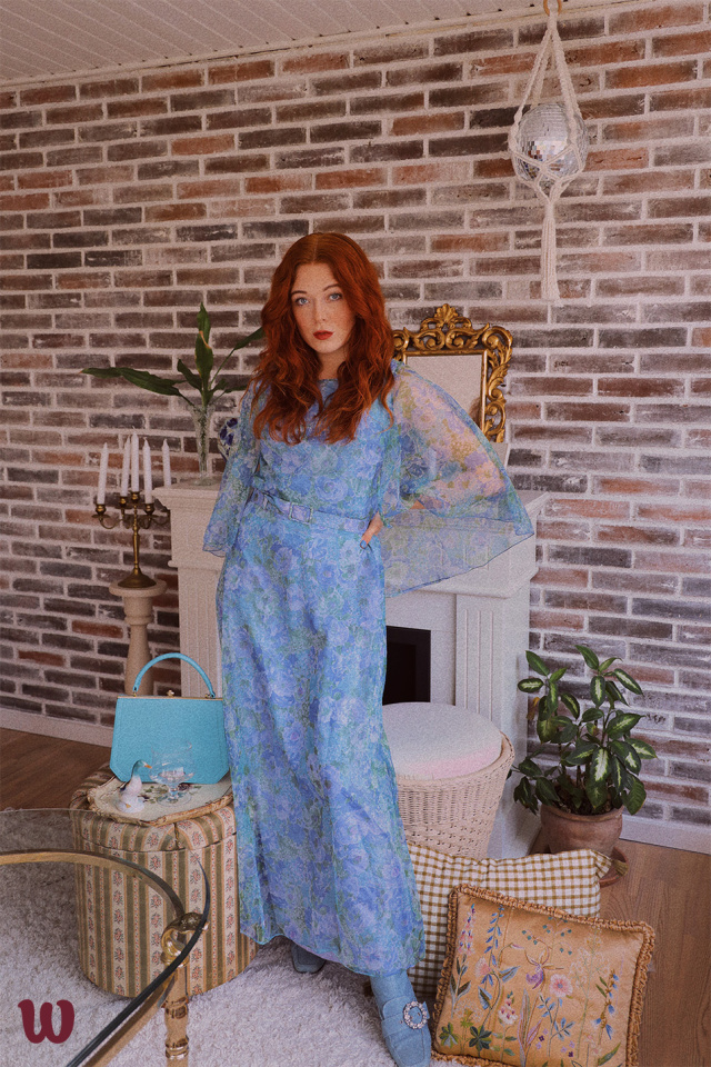Blue &amp; Green Floral 70's Gown | S/M