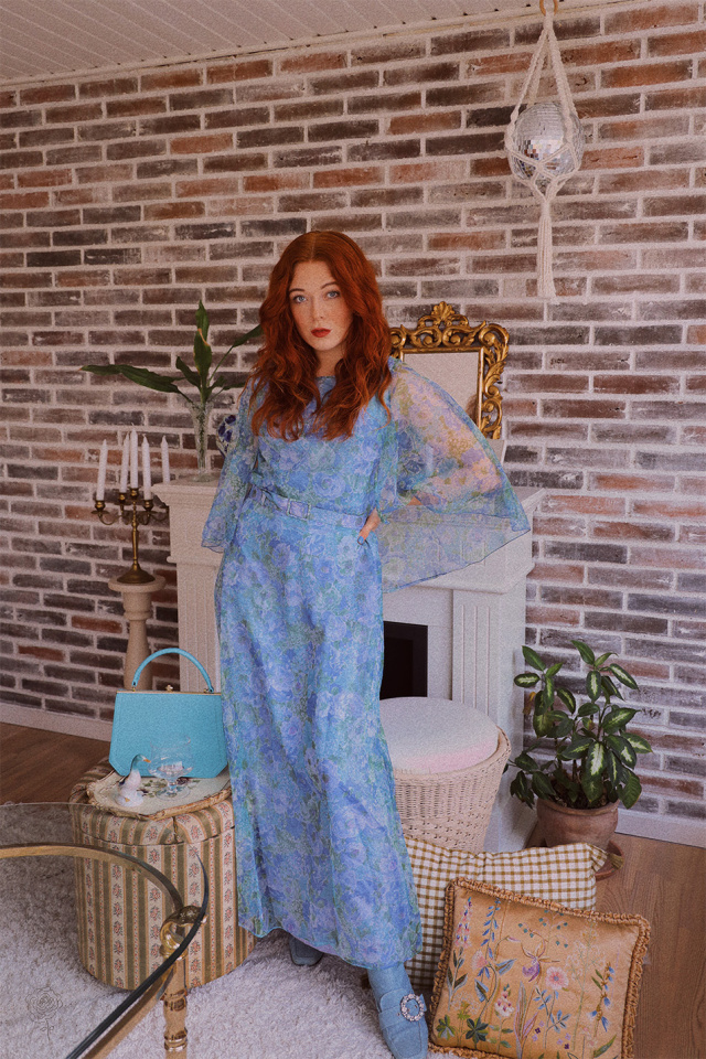 Blue &amp; Green Floral 70's Gown | S/M