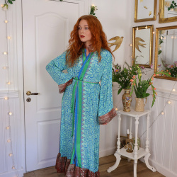 Blue &amp; Green Floral Recycled Kimono Dress | S-XL