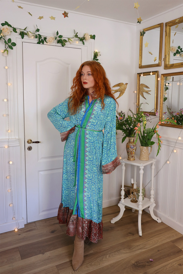 Blue &amp; Green Floral Recycled Kimono Dress | S-XL