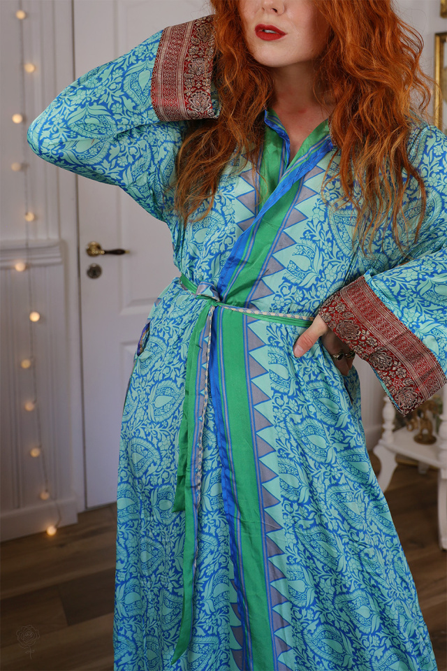 Blue &amp; Green Floral Recycled Kimono Dress | S-XL