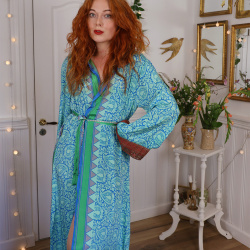 Blue &amp; Green Floral Recycled Kimono Dress | S-XL