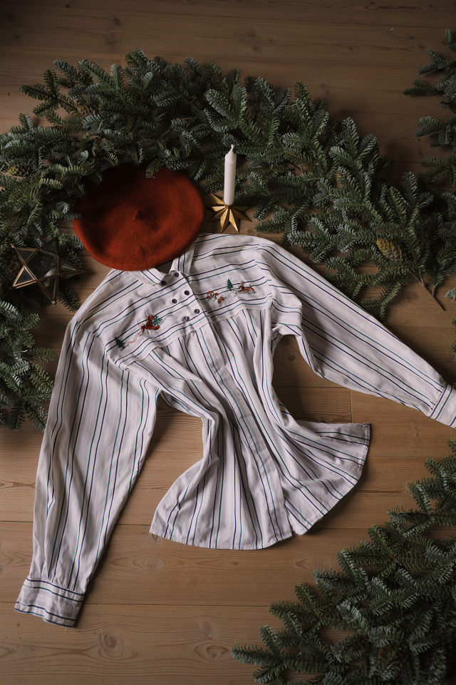 Green &amp; Blue Striped Embroidered Vintage Blouse | M