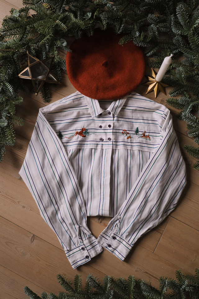 Green &amp; Blue Striped Embroidered Vintage Blouse | M