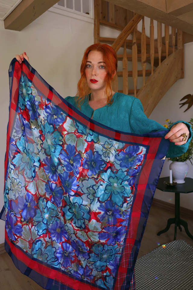 Italian Red &amp; Blue Sheer Vintage Scarf 