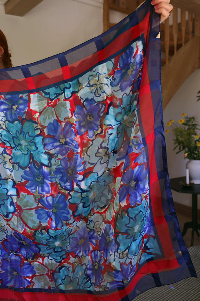 Italian Red &amp; Blue Sheer Vintage Scarf 