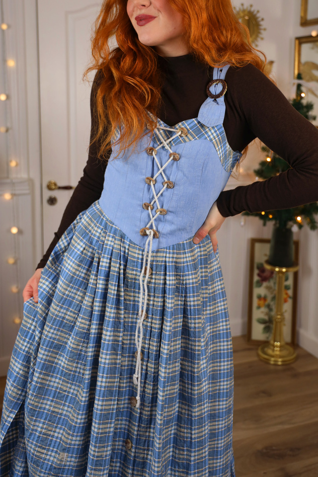 Blue Brown Plaid Cottagecore Vintage Dress | S/M