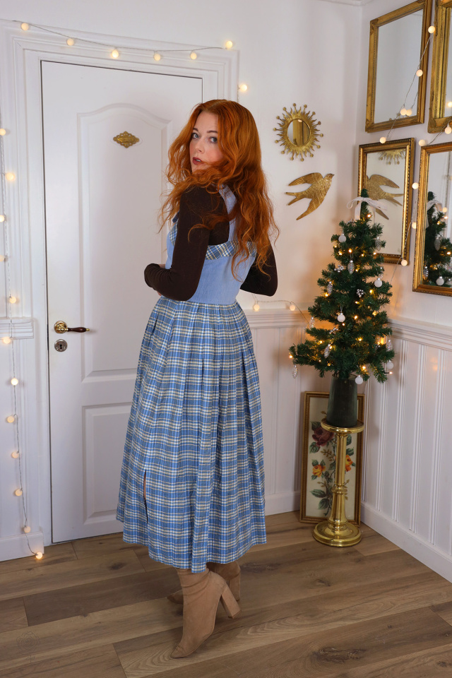 Blue Brown Plaid Cottagecore Vintage Dress | S/M