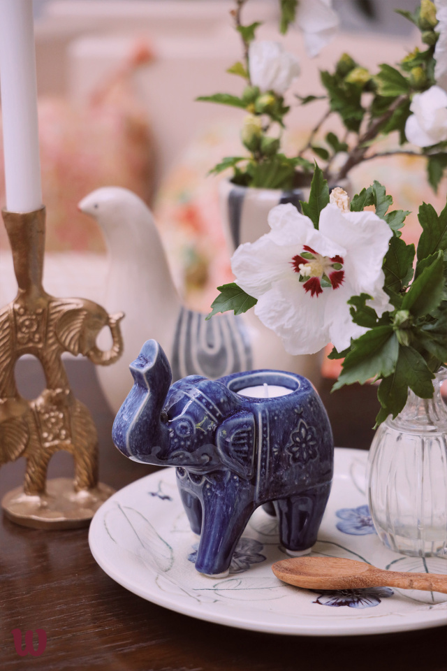 Blue Elephant Stoneware Candle Holder