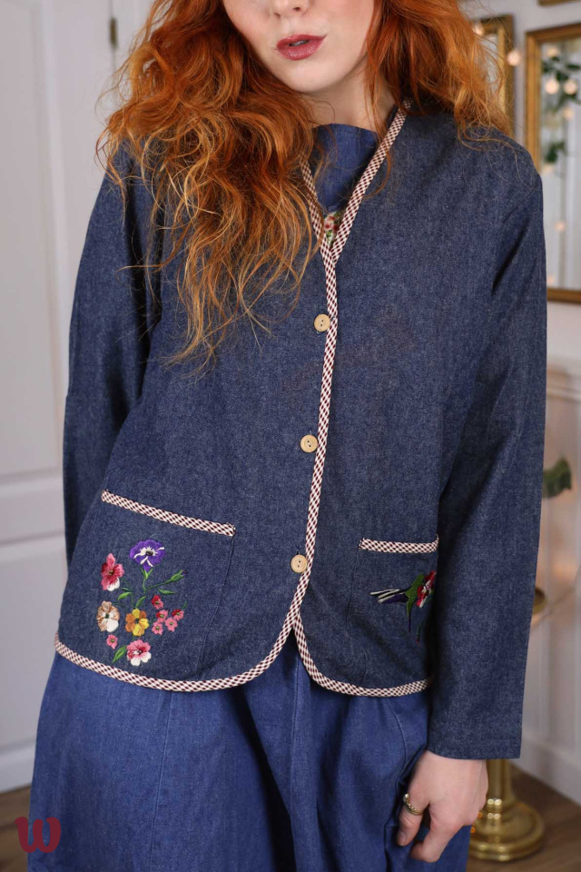 Blue Floral Embroidered Denim Jacket | S