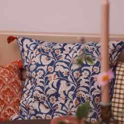 Blue Floral Cotton &amp; Velvet Pillow Cover 