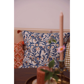 Blue Floral Cotton & Velvet Pillow Cover 