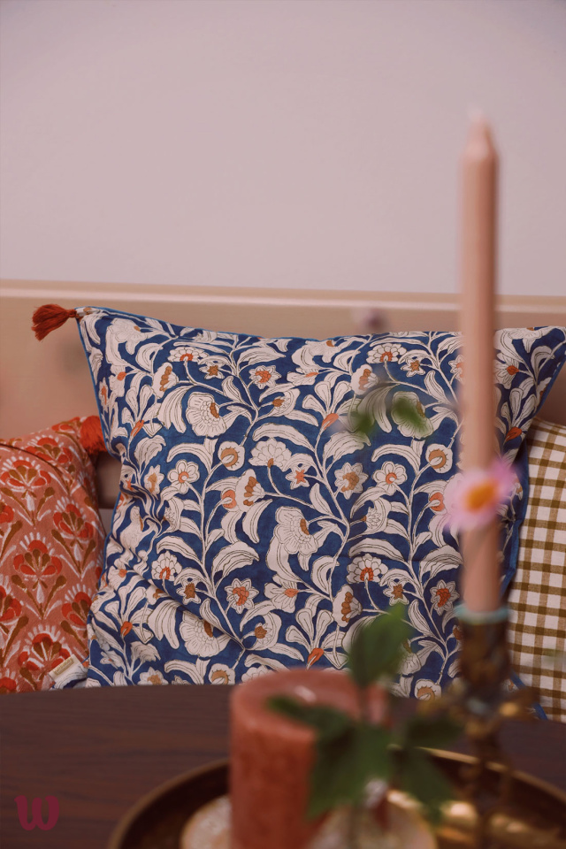 Blue Floral Cotton &amp; Velvet Pillow Cover 