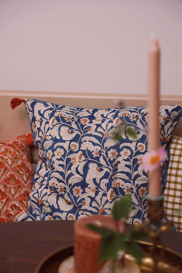 Blue Floral Cotton &amp; Velvet Pillow Cover 