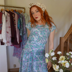 Green &amp; Lilac 80's Floral Dress | S