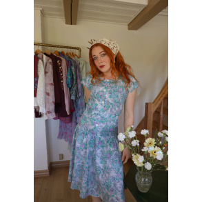 Green & Lilac 80's Floral Dress | S