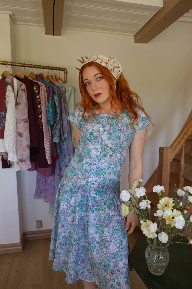 Green &amp; Lilac 80's Floral Dress | S