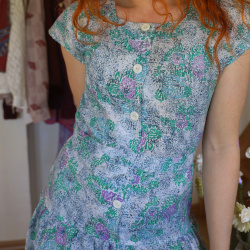 Green &amp; Lilac 80's Floral Dress | S
