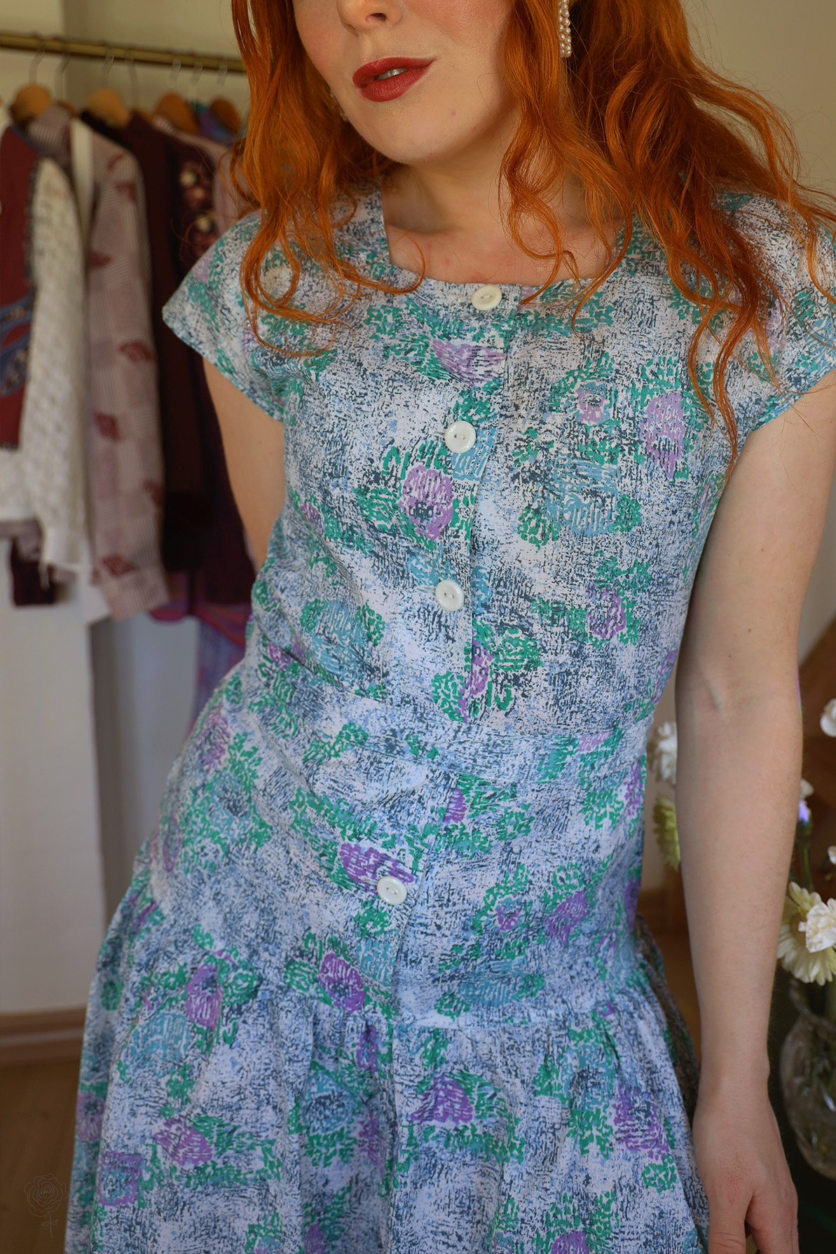 Green & Lilac 80's Floral Dress | S - Catalog - Bohemian Wonders