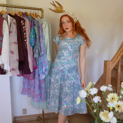 Green &amp; Lilac 80's Floral Dress | S