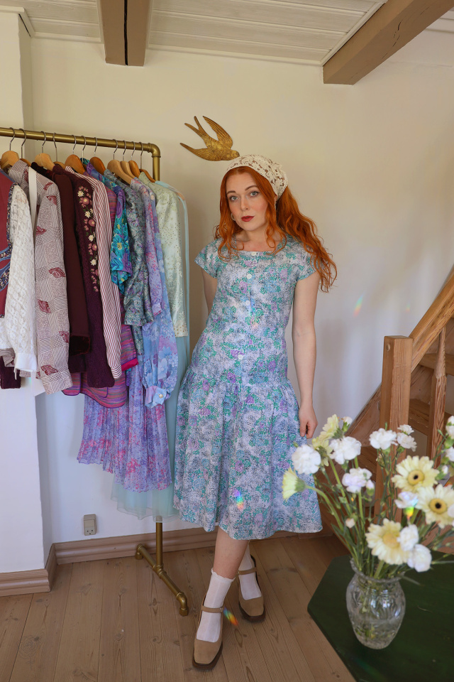 Green &amp; Lilac 80's Floral Dress | S