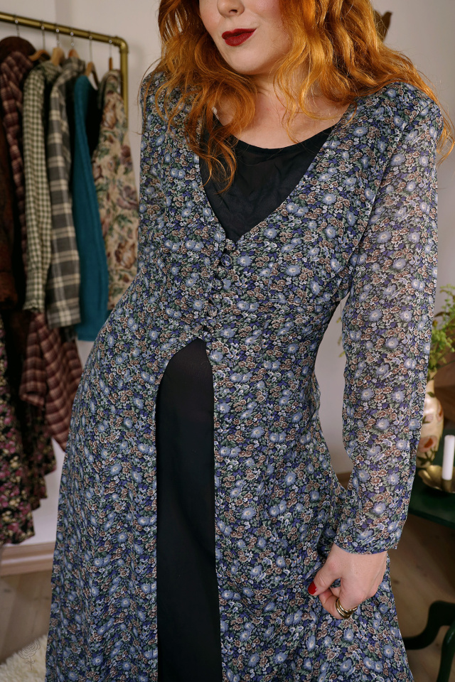 Blue Romantic Floral Vintage Dress | S