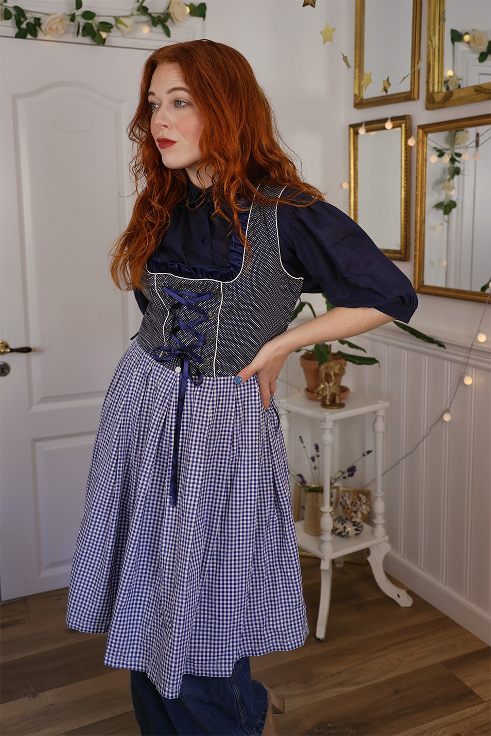 blue gingham corset dress Tivata Mini Dress in Blue Flower Gingham , V Neck , Zip Up main image 1