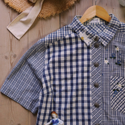 Blue Plaid Embroidered Vintage Top | XL