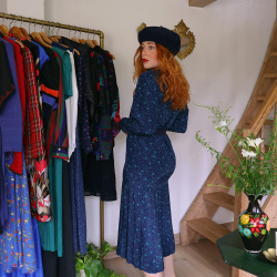 Dark Blue Patterned 80's Dress | S