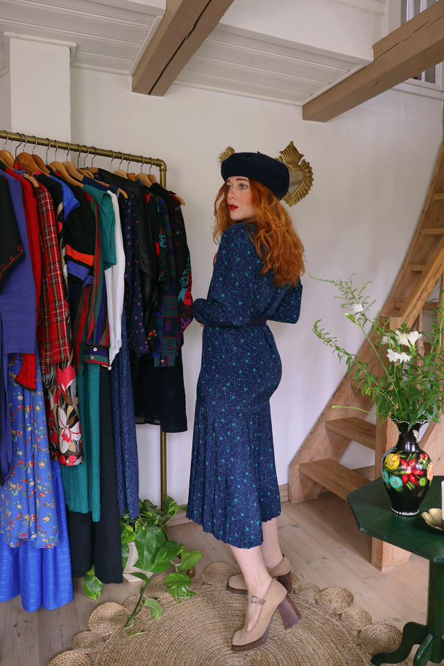 Dark Blue Patterned 80's Dress | S