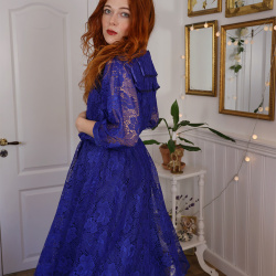 Blue Lace Midi Vintage Gown | M