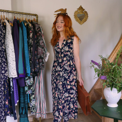 Dark Blue Light Floral 90's Vintage Dress | M