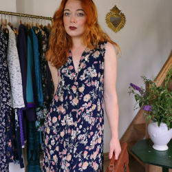 Dark Blue Light Floral 90's Vintage Dress | M