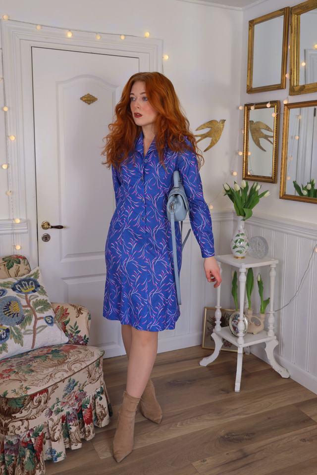 Blue Pink Leaf Vintage Dress | S