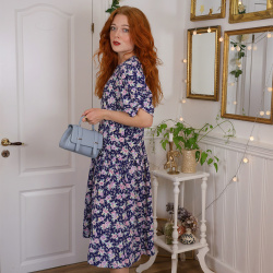 Dark Blue Pink Floral Vintage Dress | XL