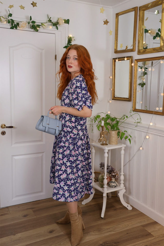 Dark Blue Pink Floral Vintage Dress | XL