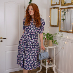 Dark Blue Pink Floral Vintage Dress | XL