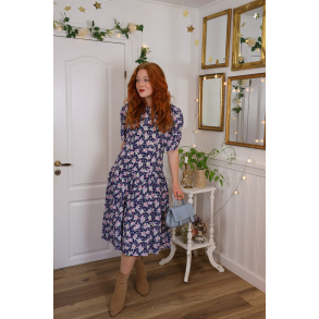 Dark Blue Pink Floral Vintage Dress | XL