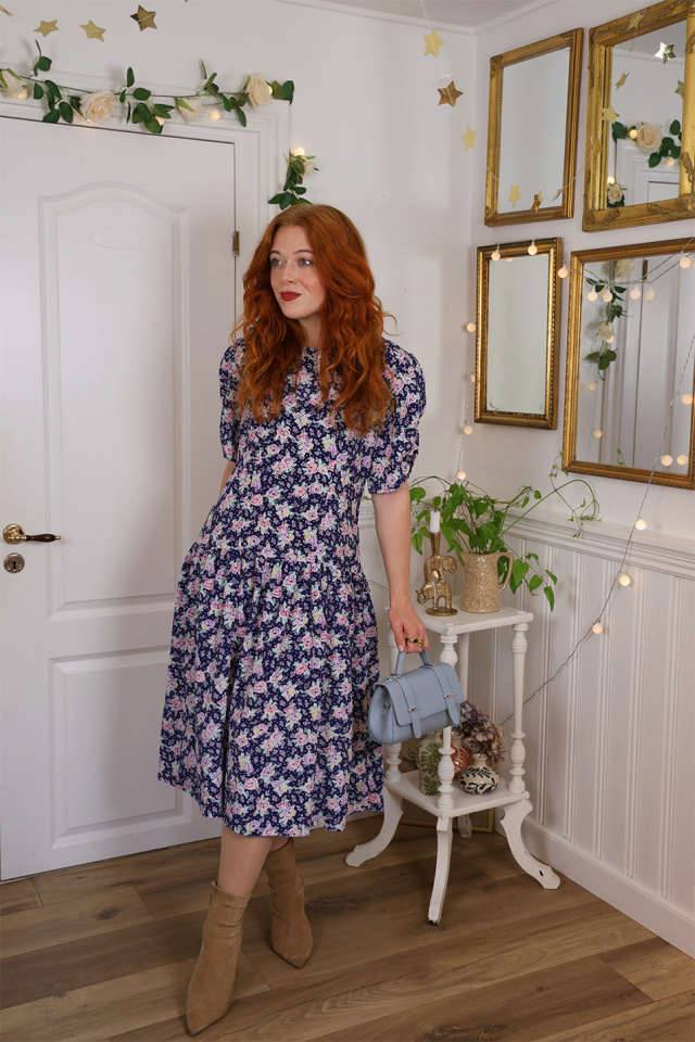 Dark Blue Pink Floral Vintage Dress | XL